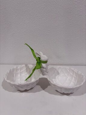 Mud Pie White Ceramic Bunny Double Server with Green Ribbon